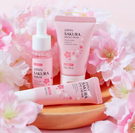 3pcs LAIKOU Cherry Blossom Skincare Set - Pink Beauty Serum, Eyecream & Cleansing Foam-like Formula (Size Replica) for Sensitive, Dry, Oily Beige - All Beige Types,, Travel-Friendly Gift, Beauty Creams, Serum for The Face, Make Up And Light Beige
